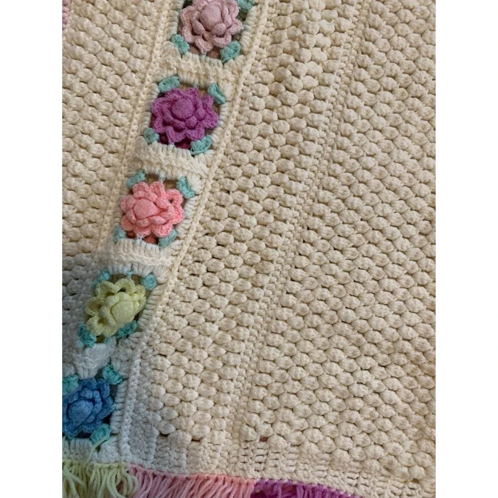 Hand Crocheted Floral Afghan, Vintage Style Lap Blanket